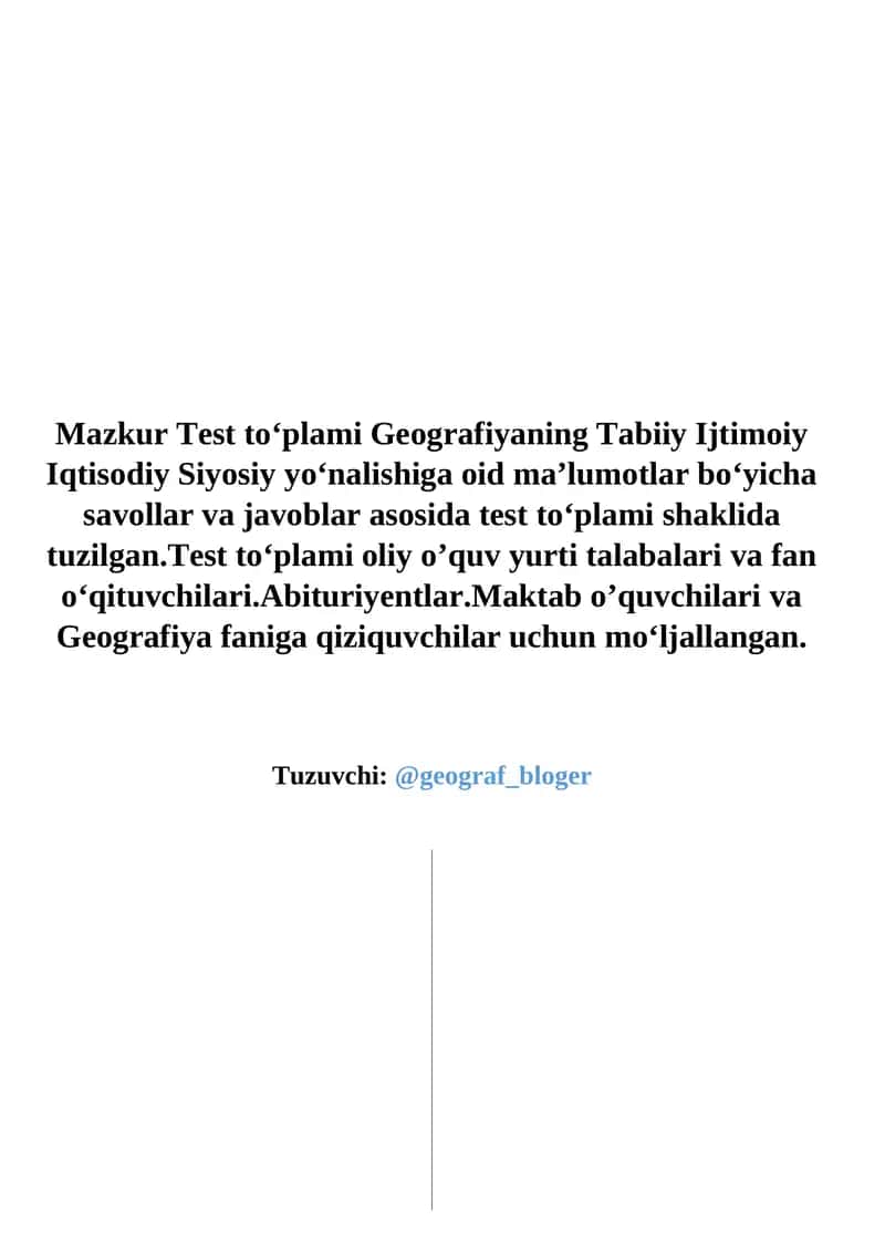 Test toʻplami Geografiyaning Tabiiy Ijtimoiy Iqtisodiy Siyosiy yoʻnalishiga oid