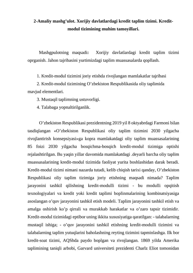 Xorijiy davlatlardagi kredit taplim tizimi