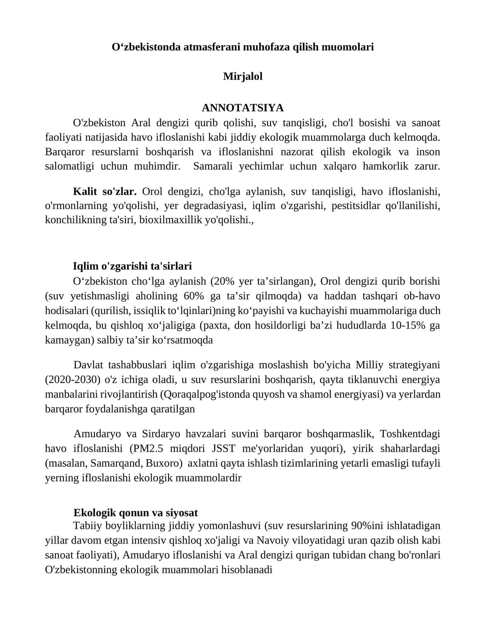 Oʻzbekistonda atmasferani muhofaza qilish muomolari