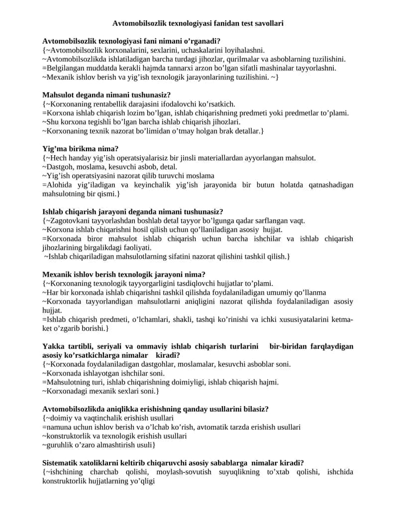 Avtomobilsozlik texnologiyasi fanidan test savollari
