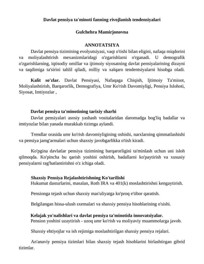 Davlat pensiya ta'minoti fanning rivojlanish tendensiyalari