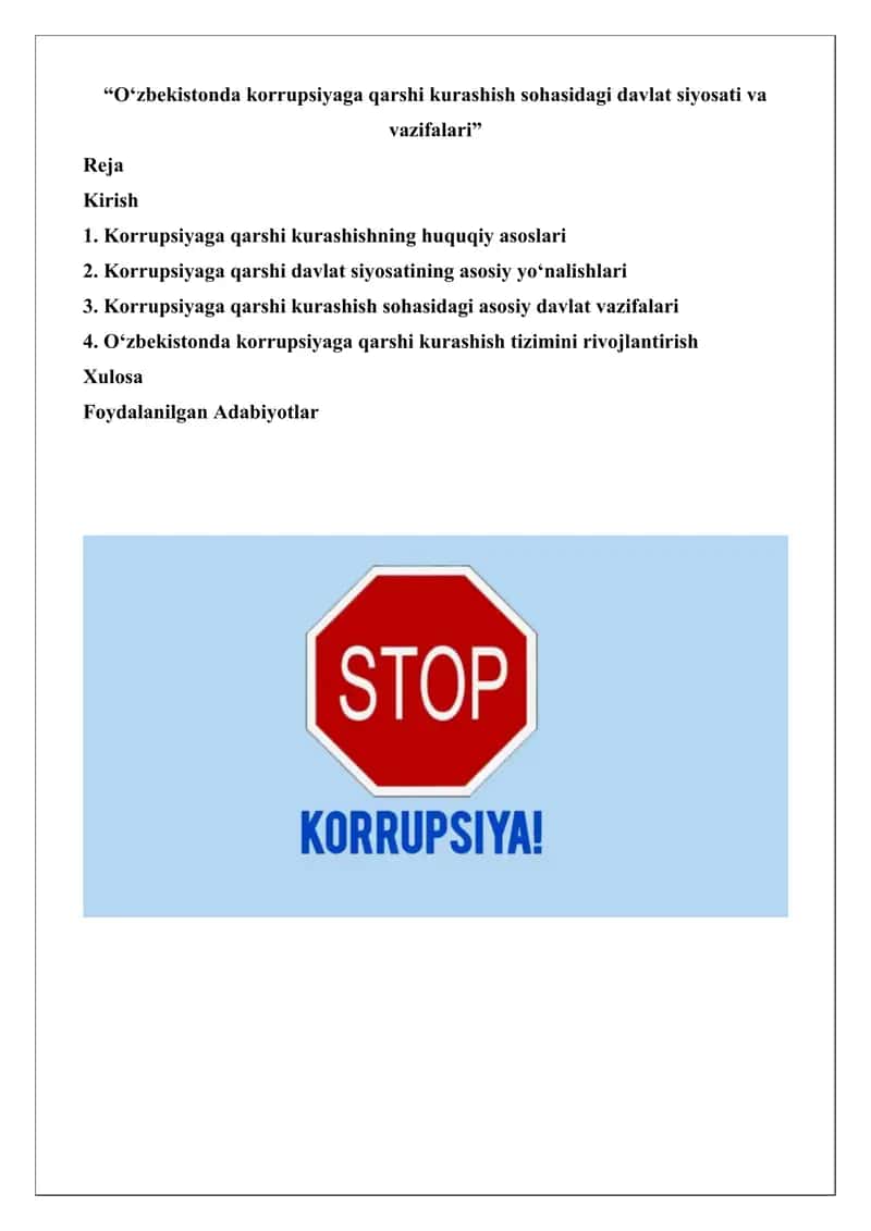 O‘zbekistonda korrupsiyaga qarshi kurashish sohasidagi davlat siyosati va vazifalari