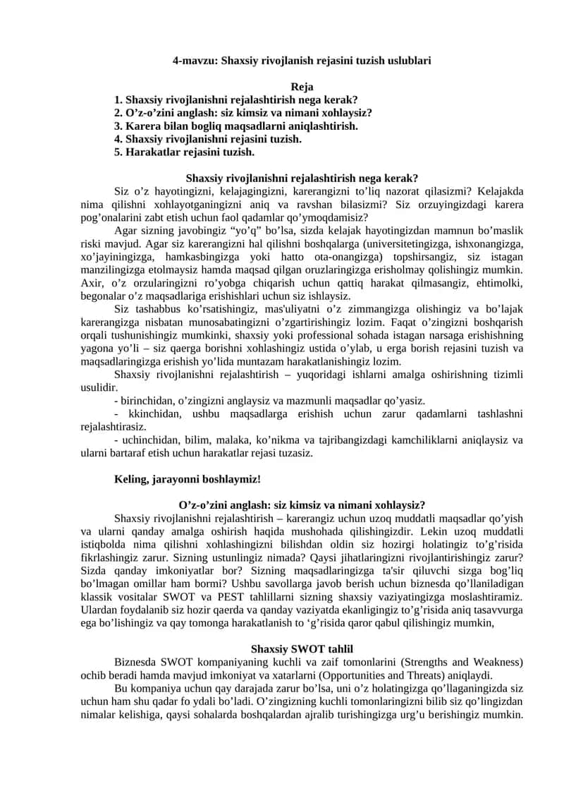 Shaxsiy rivojlanish rеjasini tuzish uslublari