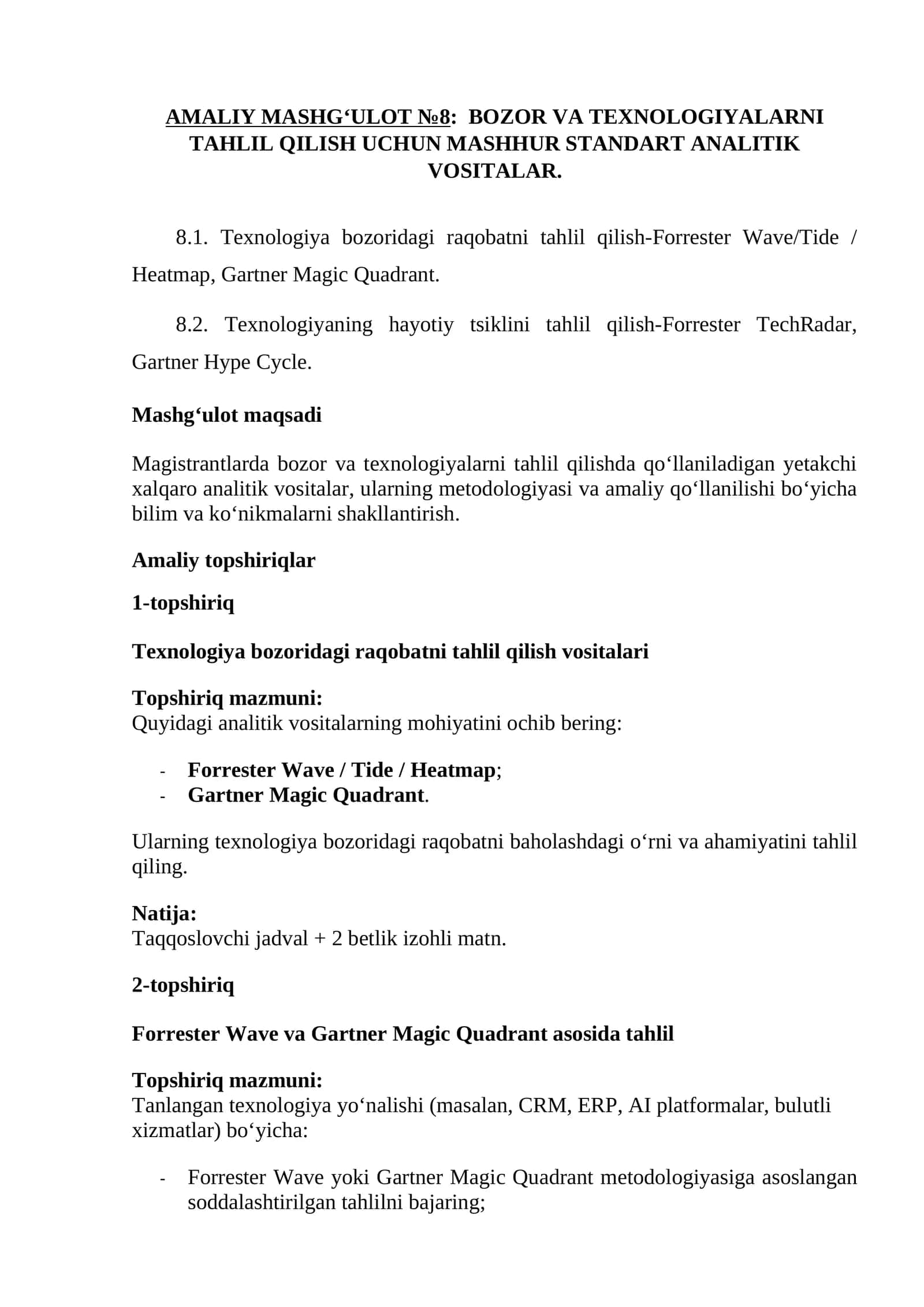 BOZOR VA TEXNOLOGIYALARNI TAHLIL QILISH UCHUN MASHHUR STANDART ANALITIK VOSITALAR.