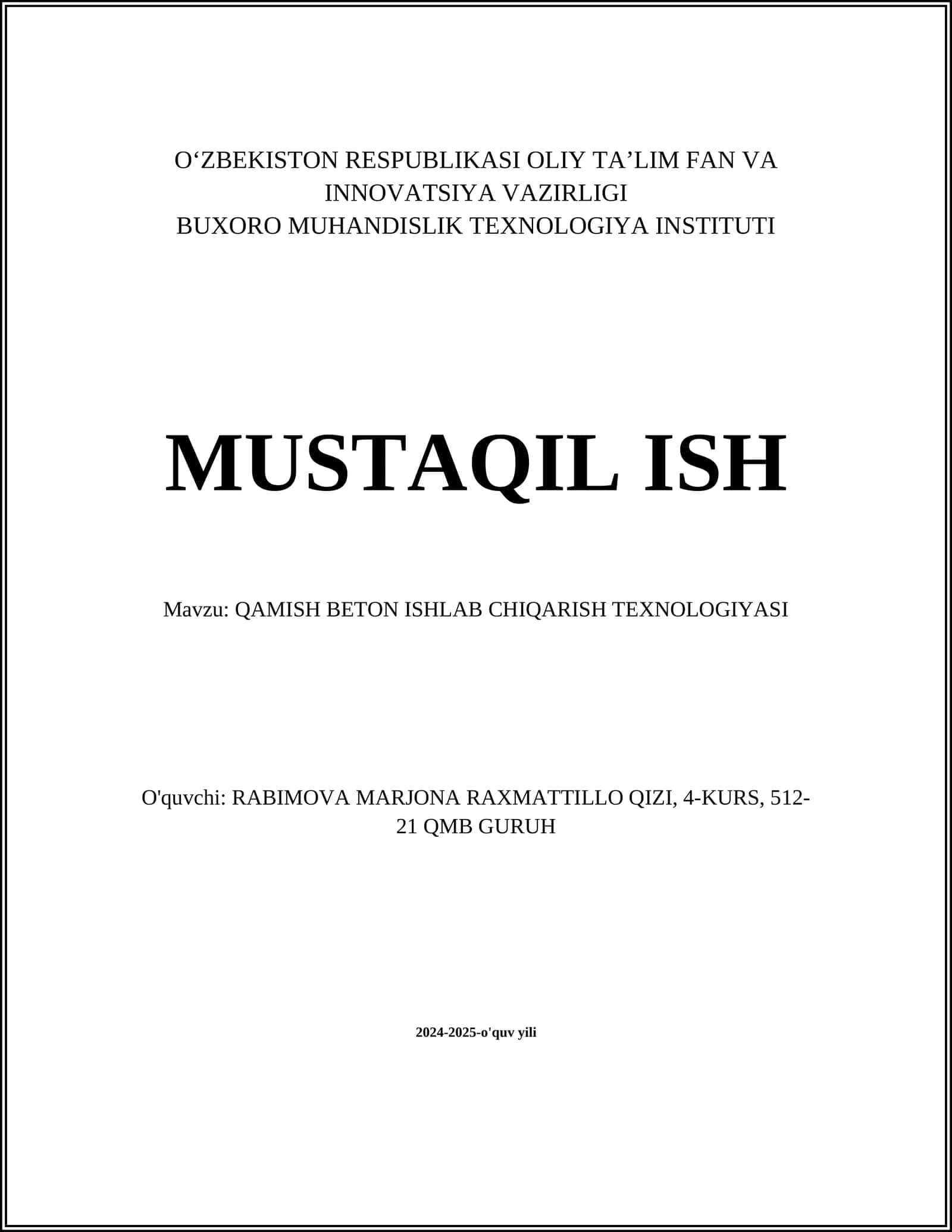 QAMISH BETON ISHLAB CHIQARISH TEXNOLOGIYASI