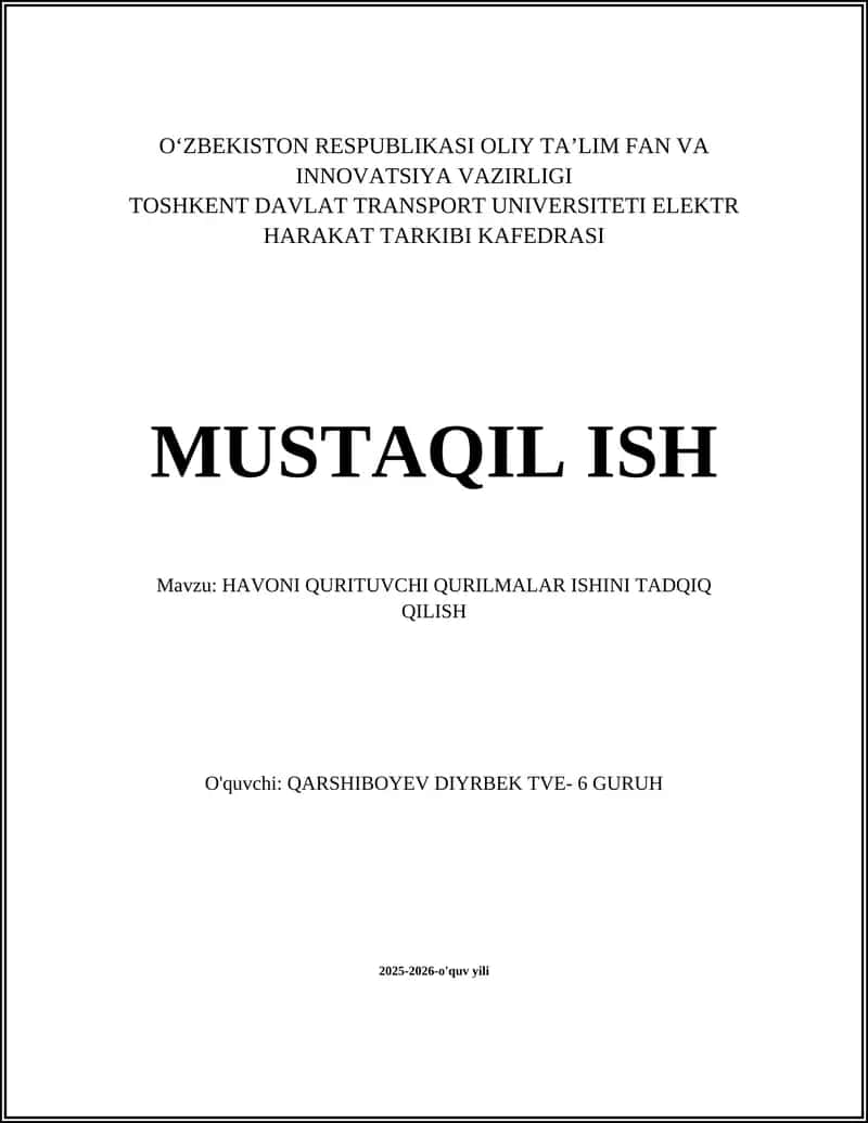 HAVONI QURITUVCHI QURILMALAR ISHINI TADQIQ QILISH
