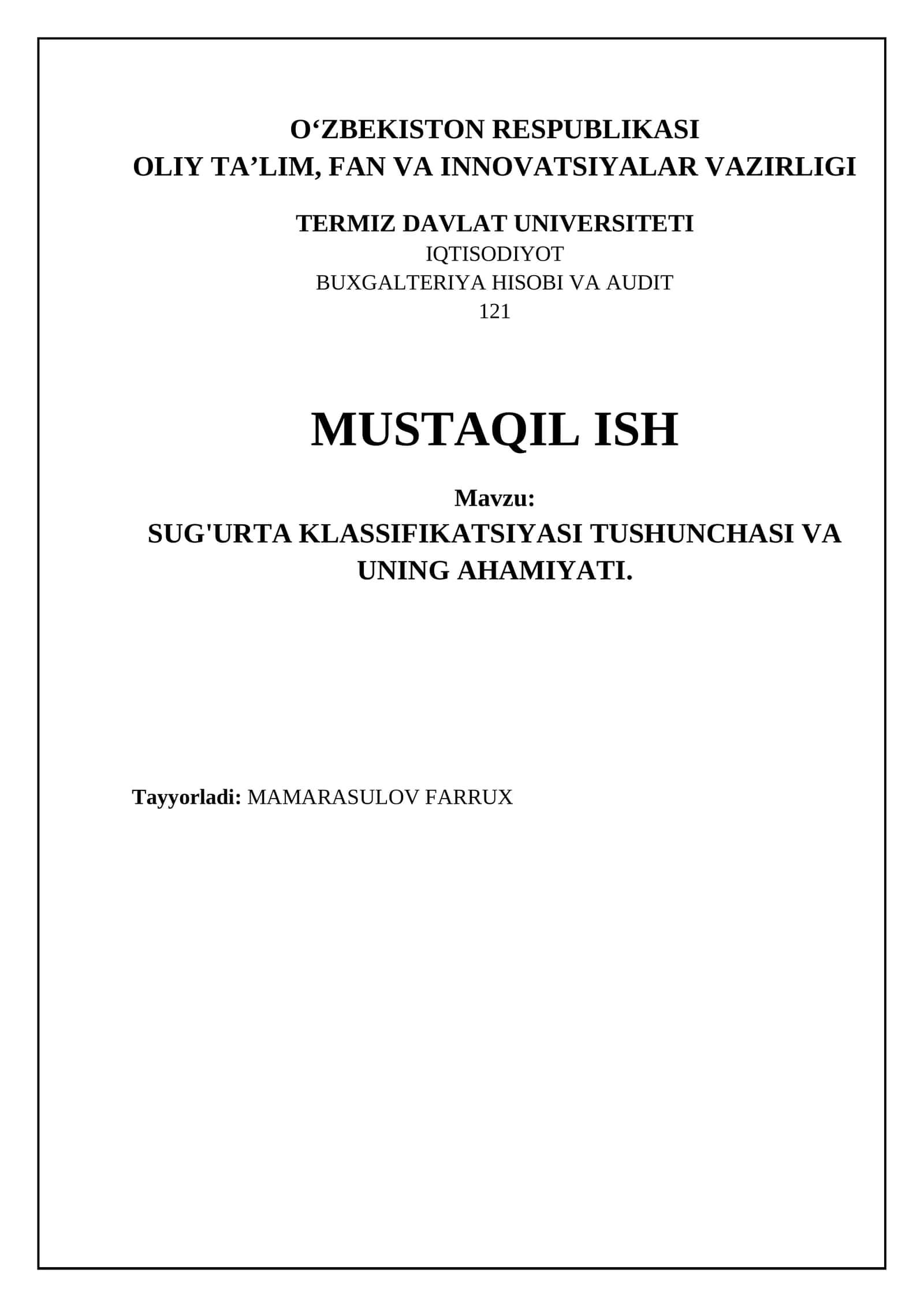 SUG'URTA KLASSIFIKATSIYASI TUSHUNCHASI VA UNING AHAMIYATI