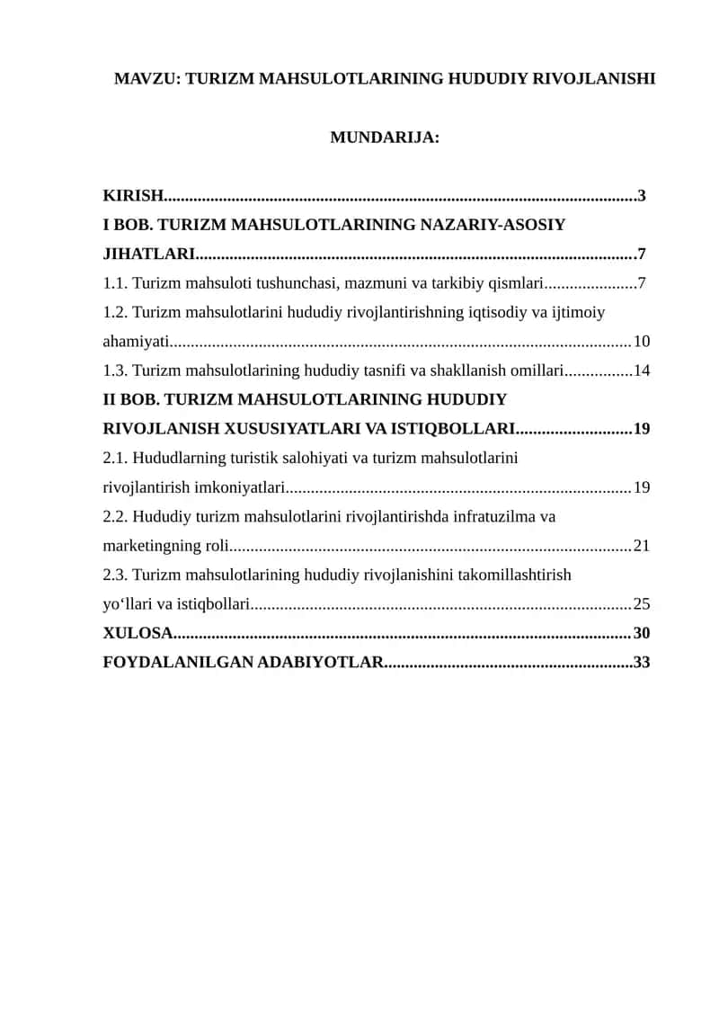 TURIZM MAHSULOTLARINING HUDUDIY RIVOJLANISHI