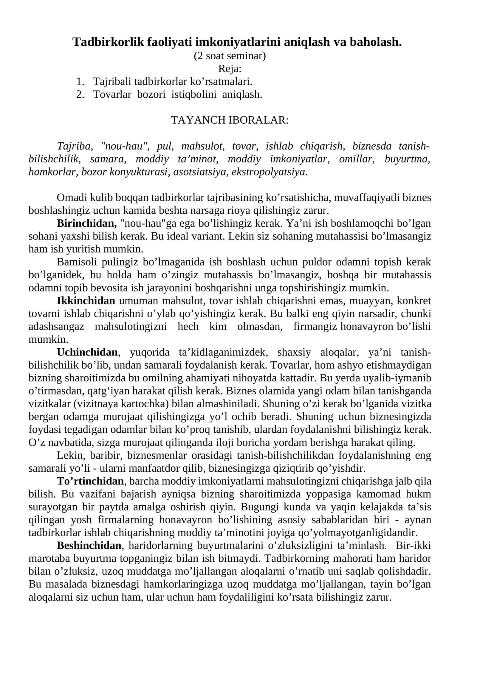 Tadbirkоrlik faоliyati imkоniyatlarini aniqlash va bahоlash