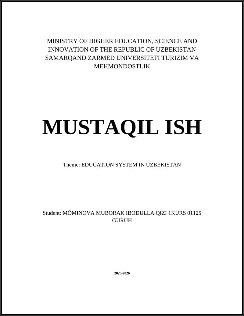 TURIZIM VA MEHMONDOSTLIK MUSTAQIL ISH