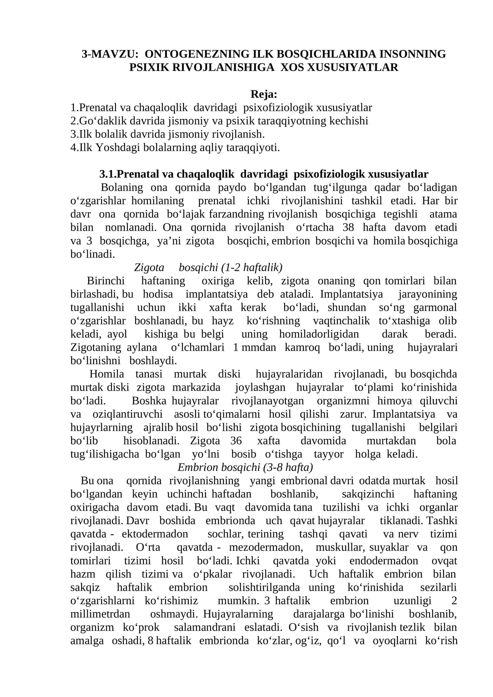 ONTOGENEZNING ILK BOSQICHLARIDA INSONNING PSIXIK RIVOJLANISHIGA XOS XUSUSIYATLAR
