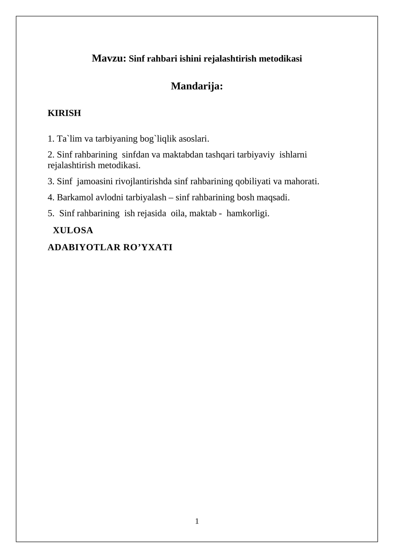 Sinf rahbari ishini rejalashtirish metodikasi