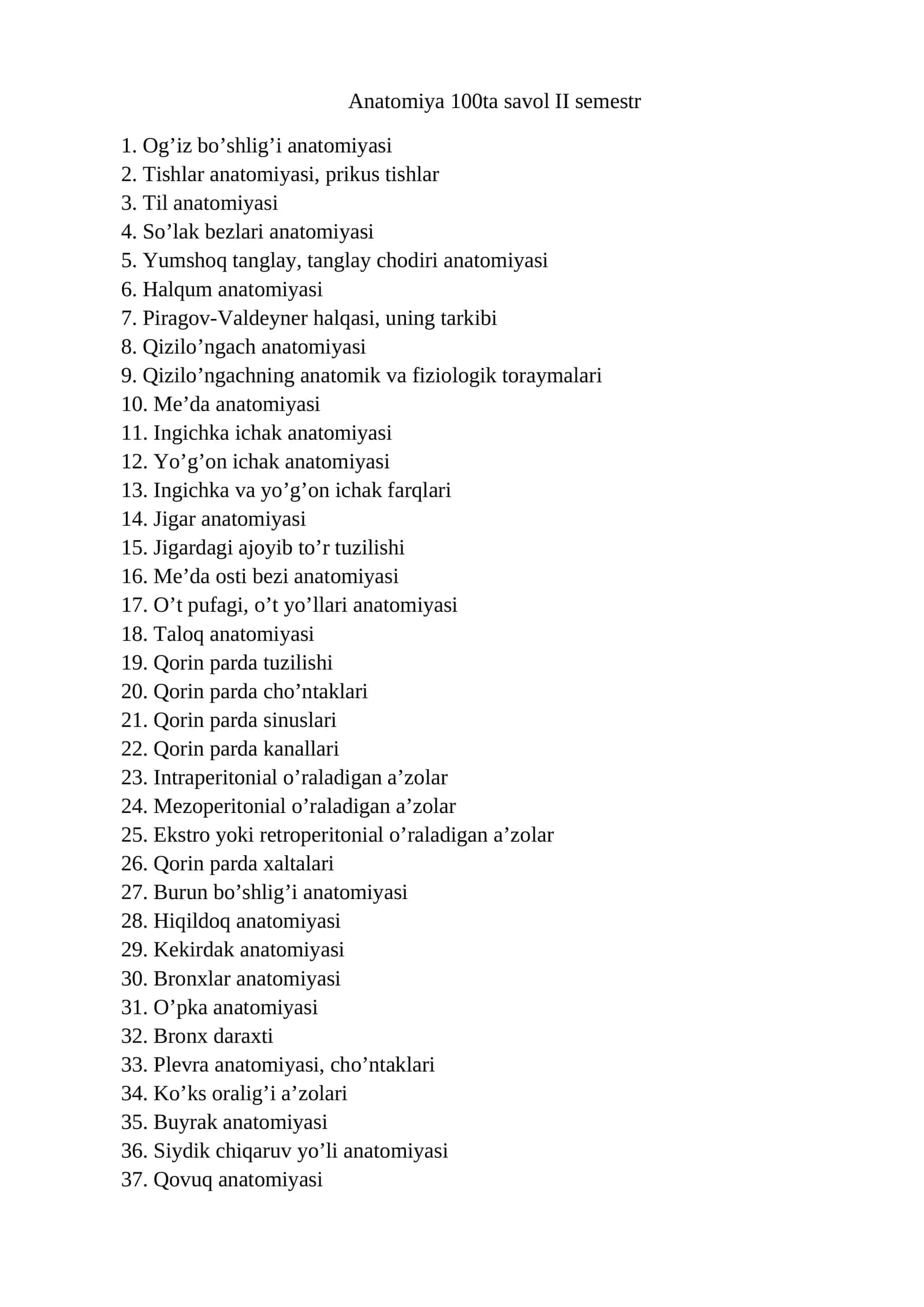 Anatomiya 100ta savol II semestr