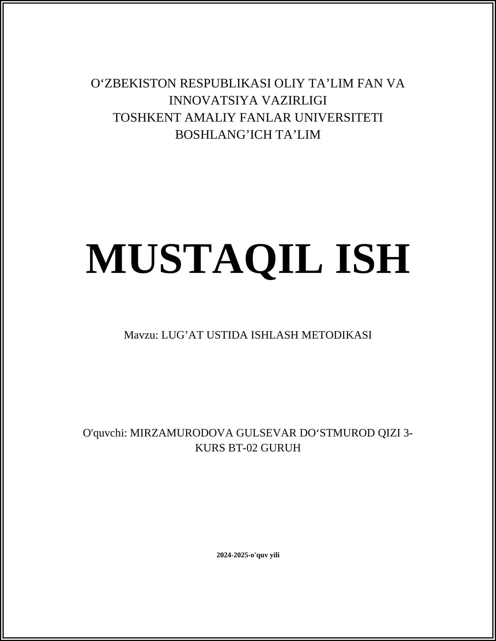 LUG’AT USTIDA ISHLASH METODIKASI