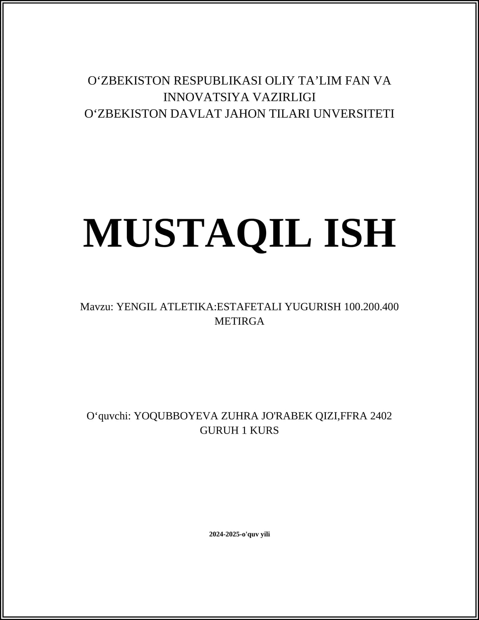 YENGIL ATLETIKA:ESTAFETALI YUGURISH 100.200.400 METIRGA