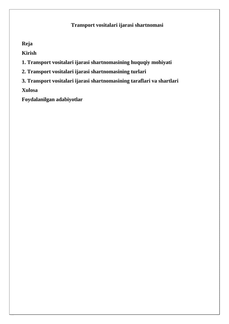 Transport vositalari ijarasi shartnomasi