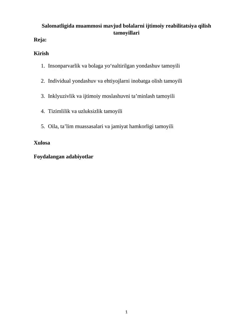 Salomatligida muammosi mavjud bolalarni ijtimoiy reabilitatsiya qilish tamoyillari