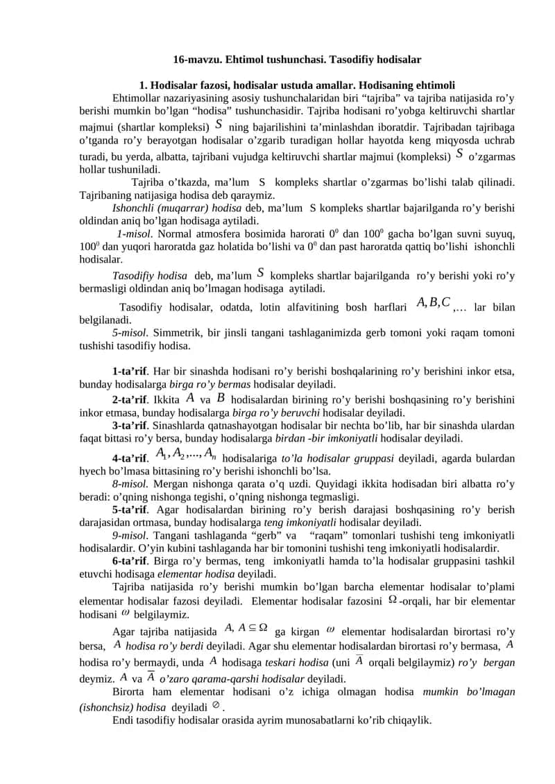 Ehtimol tushunchasi. Tasodifiy hodisalar