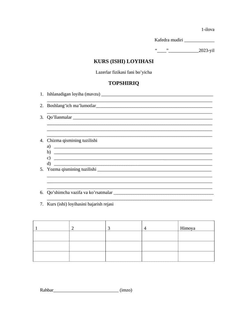 Lazerlar fizikasi fani bo’yicha KURS (ISHI) LOYIHASI