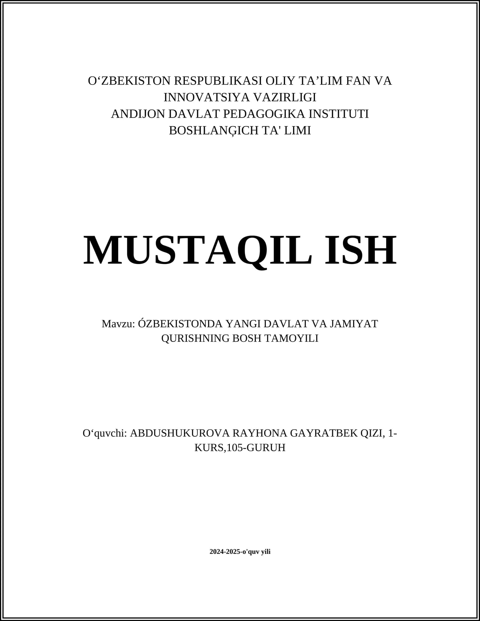O‘zbekistonda Yangi Davlat va Jamiiyat Qurishning Bosh Tamoyili