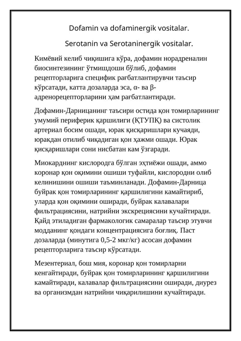 Dofamin va dofaminergik vositalar