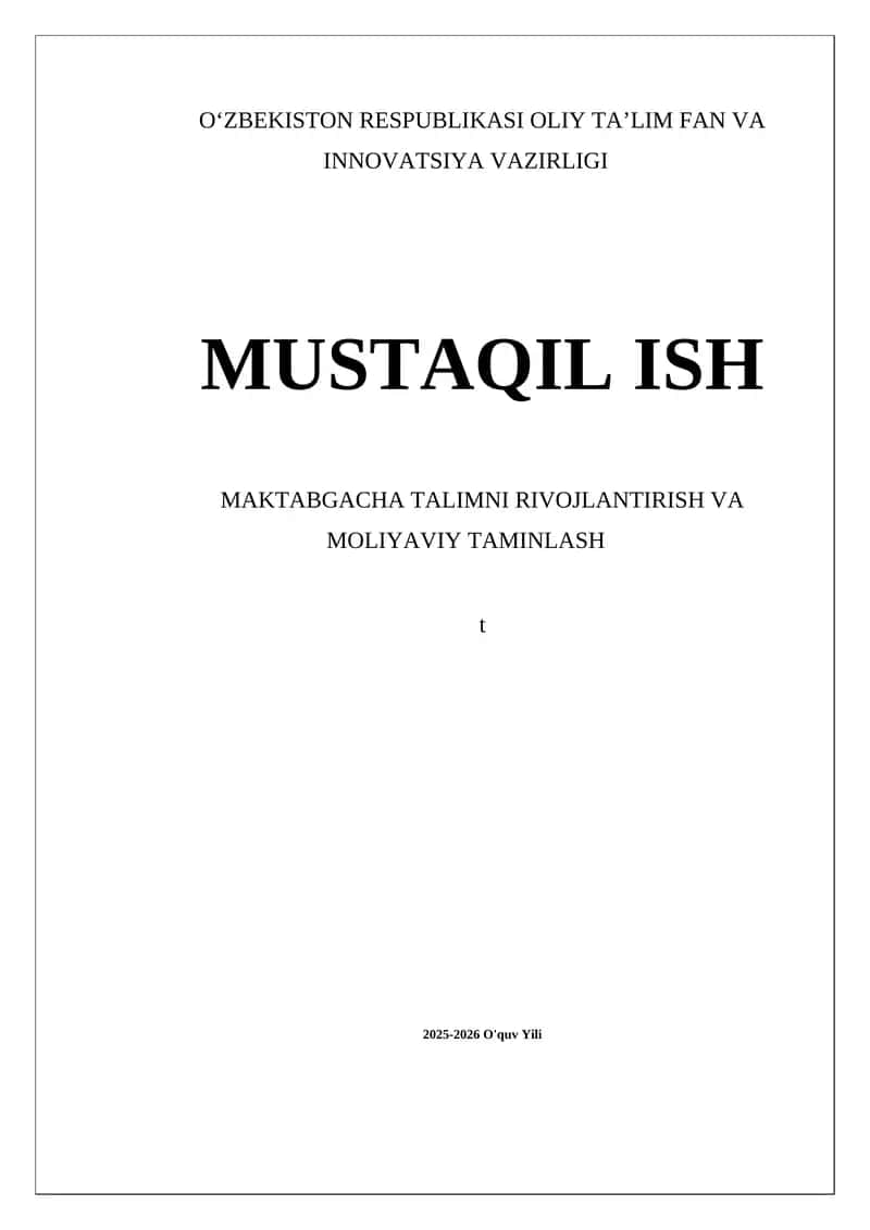 Maktabgacha talim rivojlanishi va moliyaviy taminlash
