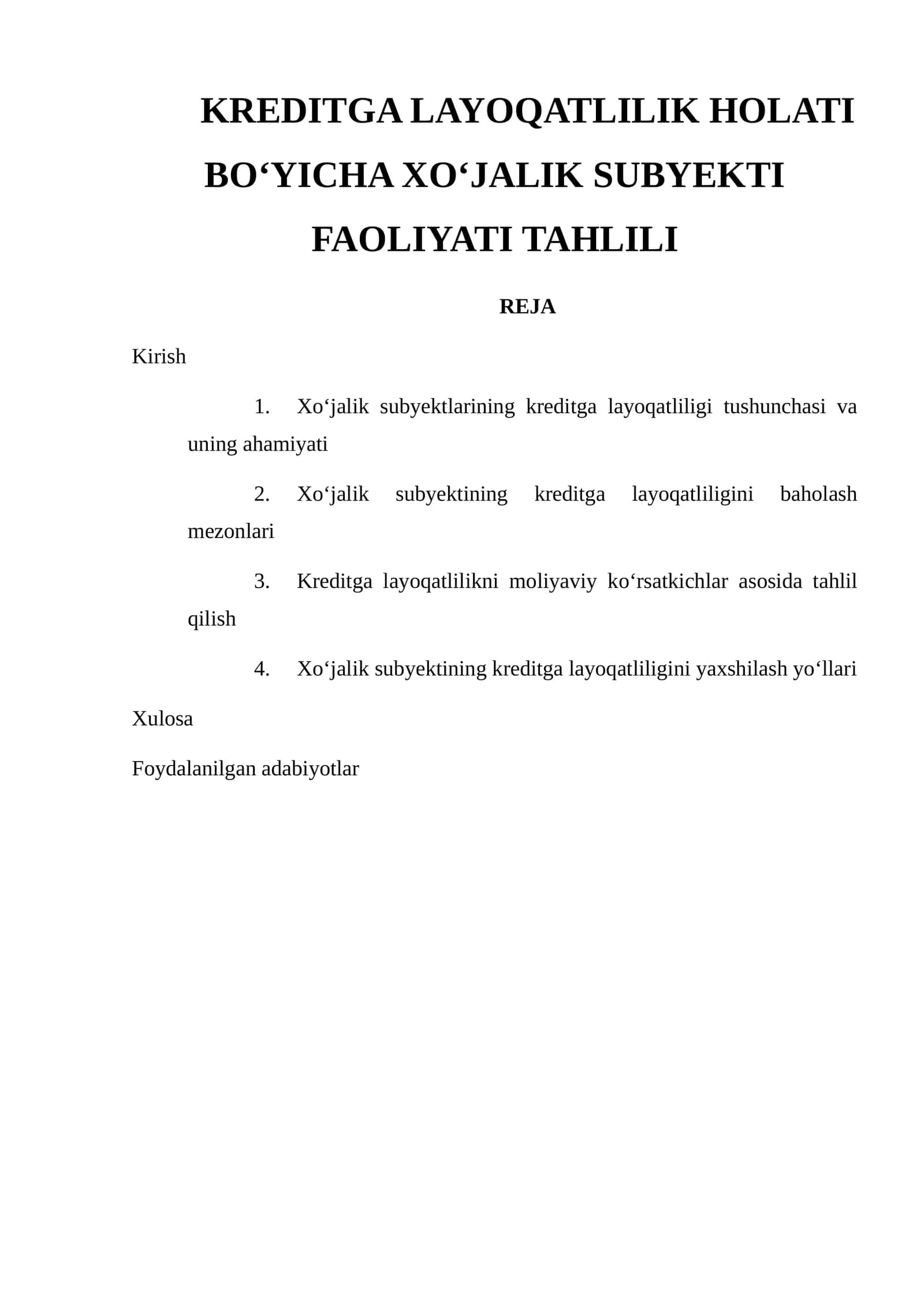 KREDITGA LAYOQATLILIK HOLATI BO‘YICHA XO‘JALIK SUBYEKTI FAOLIYATI TAHLILI