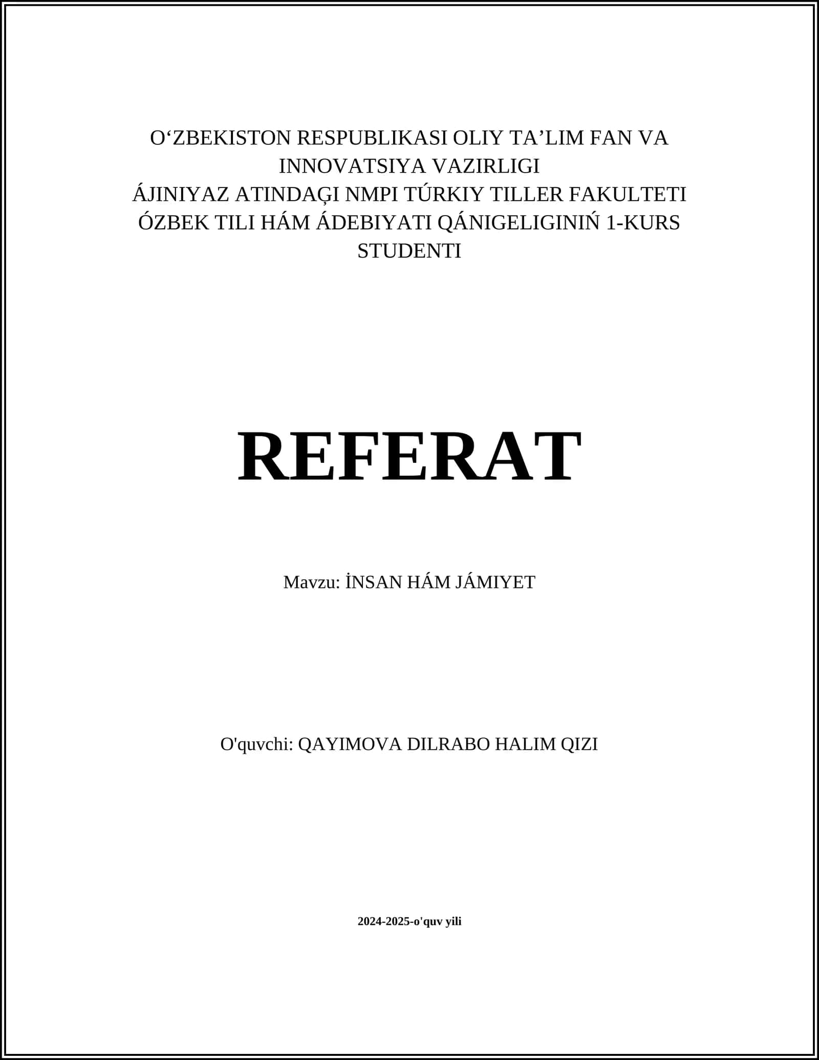 REFERAT Mavzu: İNSAN HÁM JÁMIYET