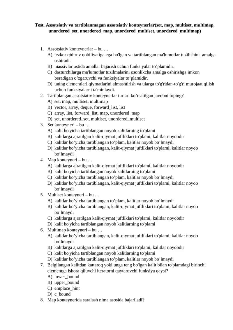 Assotsiativ va tartiblanmagan assotsiativ konteynerlar(set, map, multiset, multimap, unordered_set, unordered_map, unordered_multiset, unordered_multimap)
