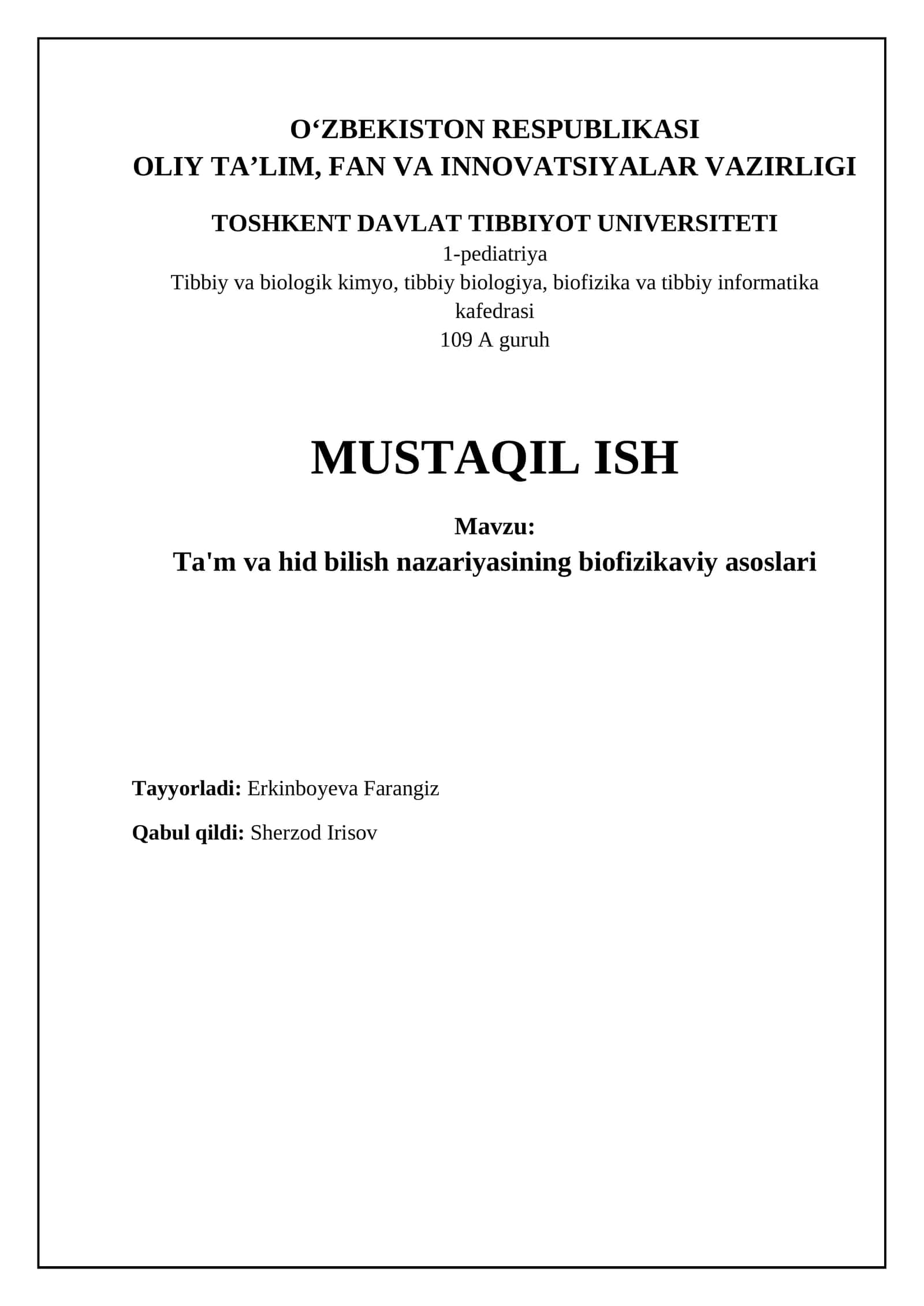 Ta'm va hid sezishning biofizik asoslari