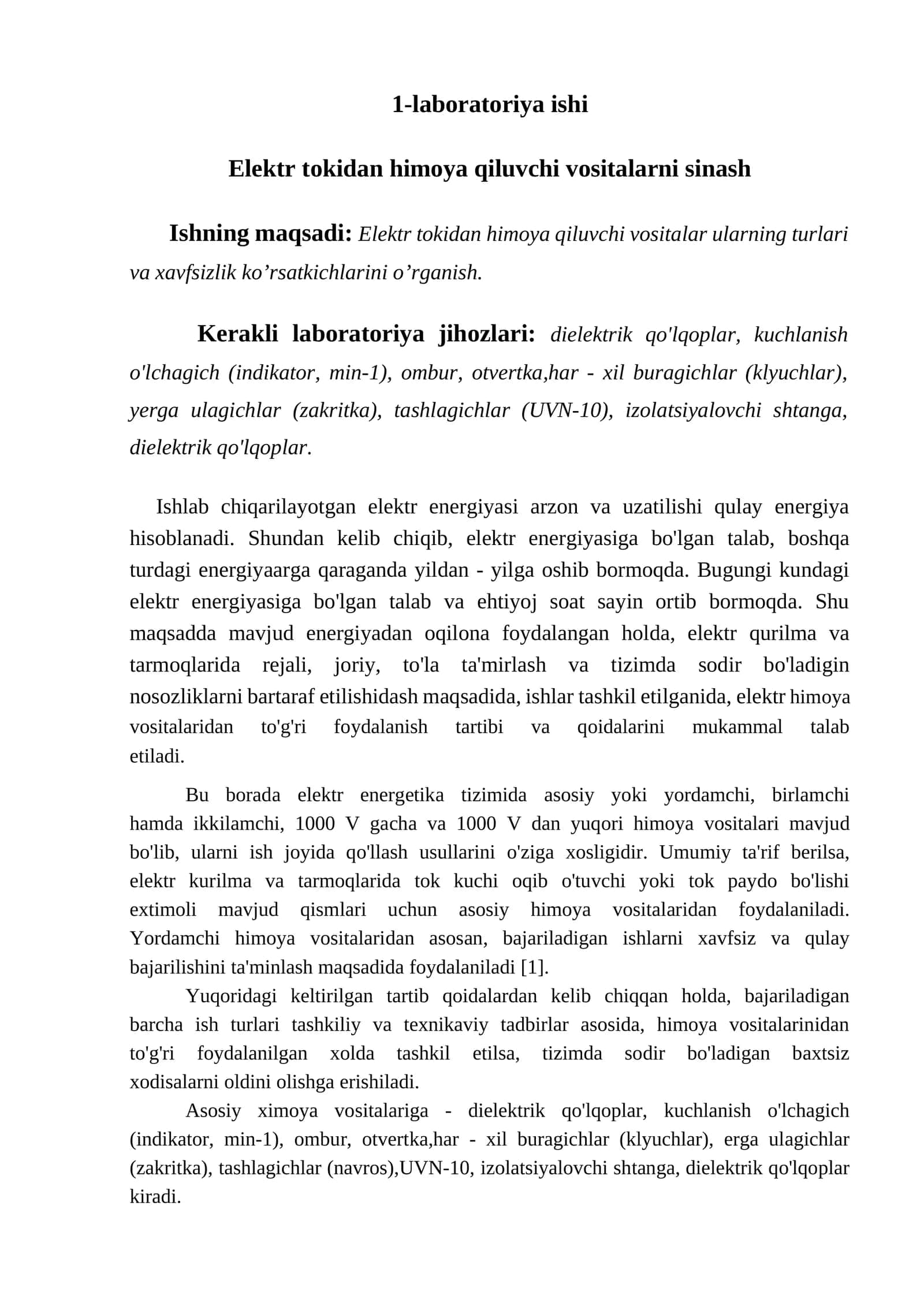 Elektr tokidan himoya qiluvchi vositalarni sinash