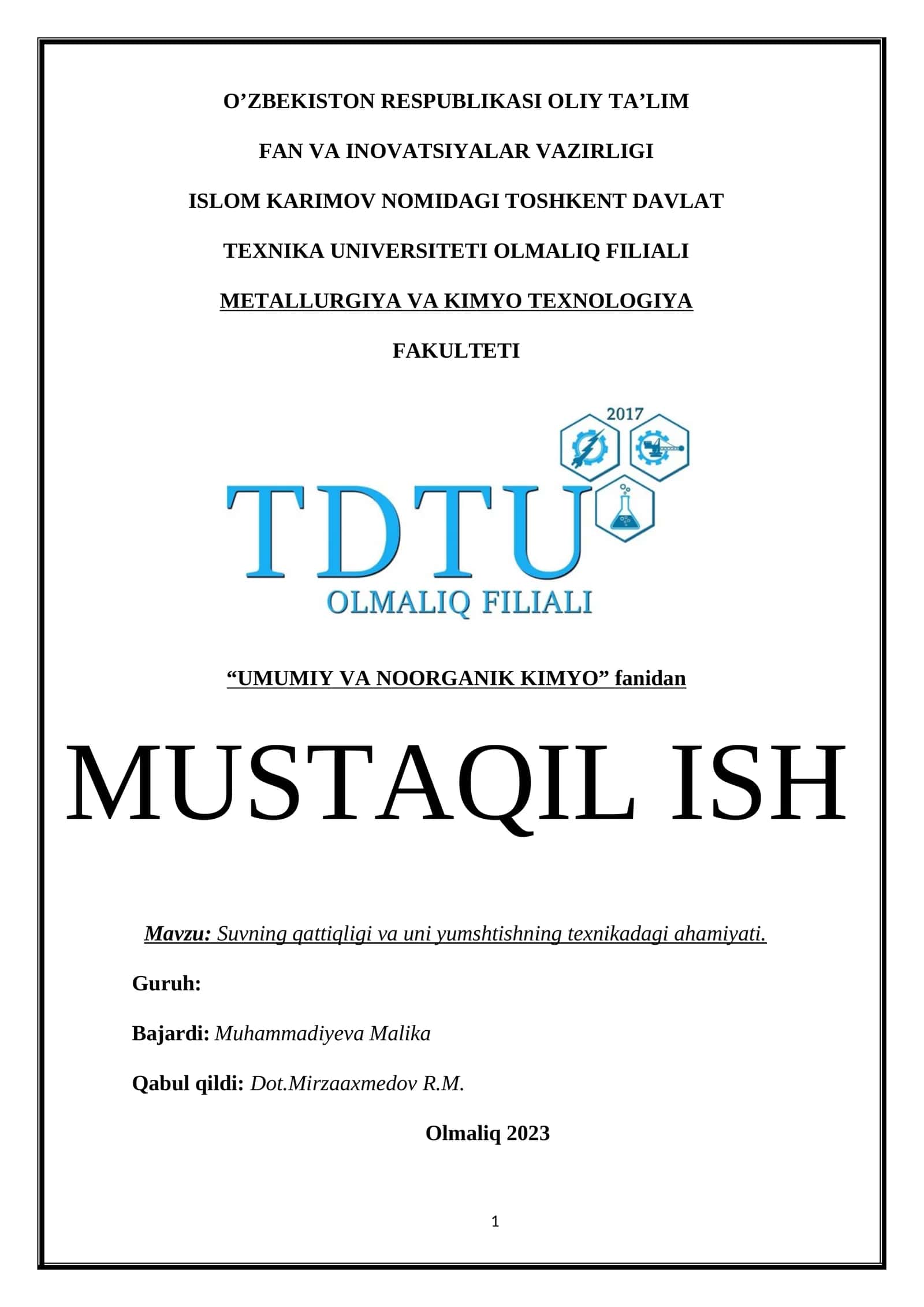 Umumiy va noorganik kimyo fanidan mustaqil ish