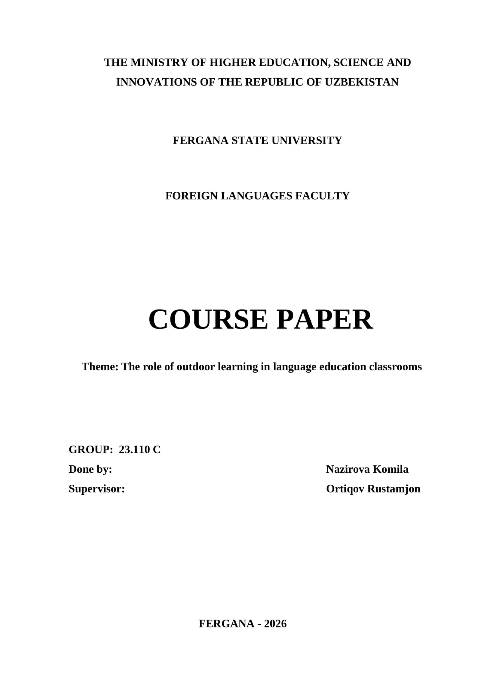 Course Paper: The role of outdoor learning in language education classrooms