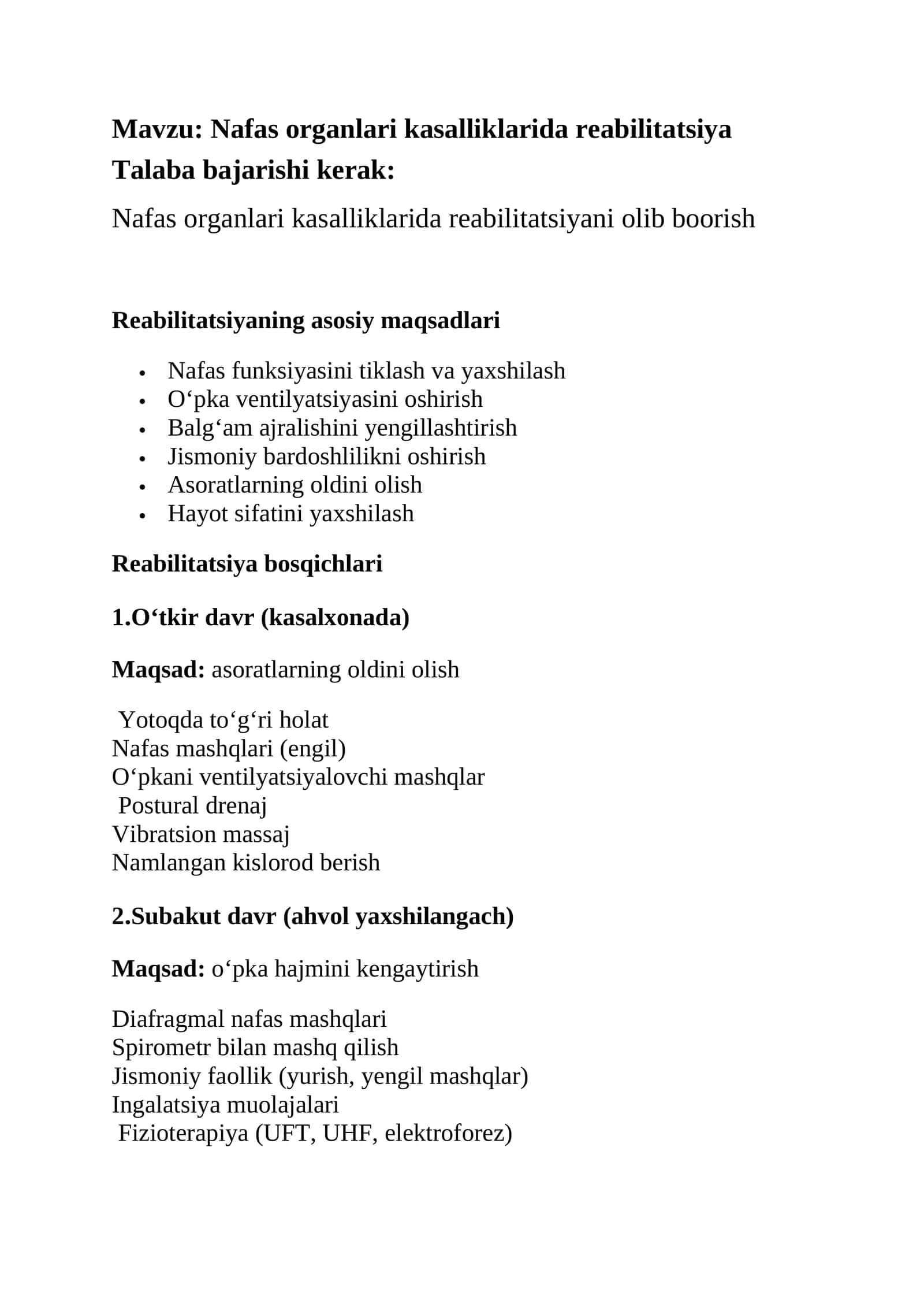 Nafas organlari kasalliklarida reabilitatsiya