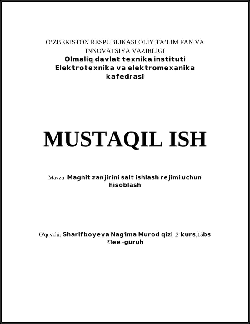 Magnit zanjiri asosiy parametrlarini aniqlash
