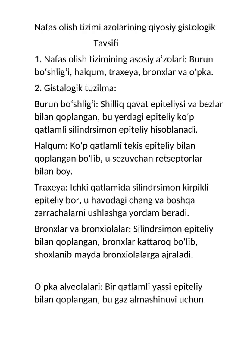 Nafas olish tizimi azolarining qiyosiy gistologik