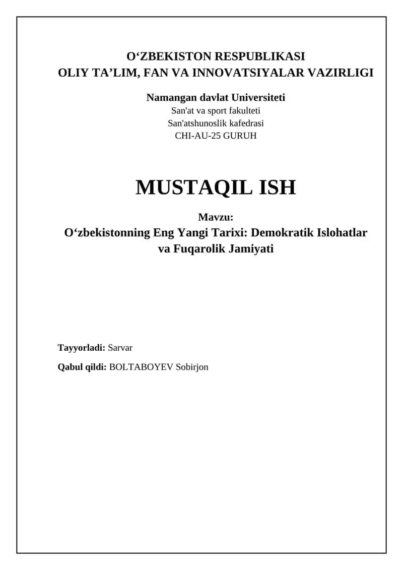 O‘zbekistonning Eng Yangi Tarixi: Demokratik Islohatlar va Fuqarolik Jamiyati