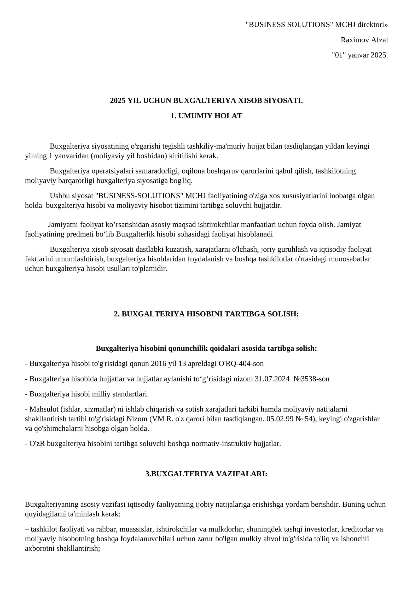 2025 YIL UCHUN BUXGALTERIYA XISOB SIYOSATI