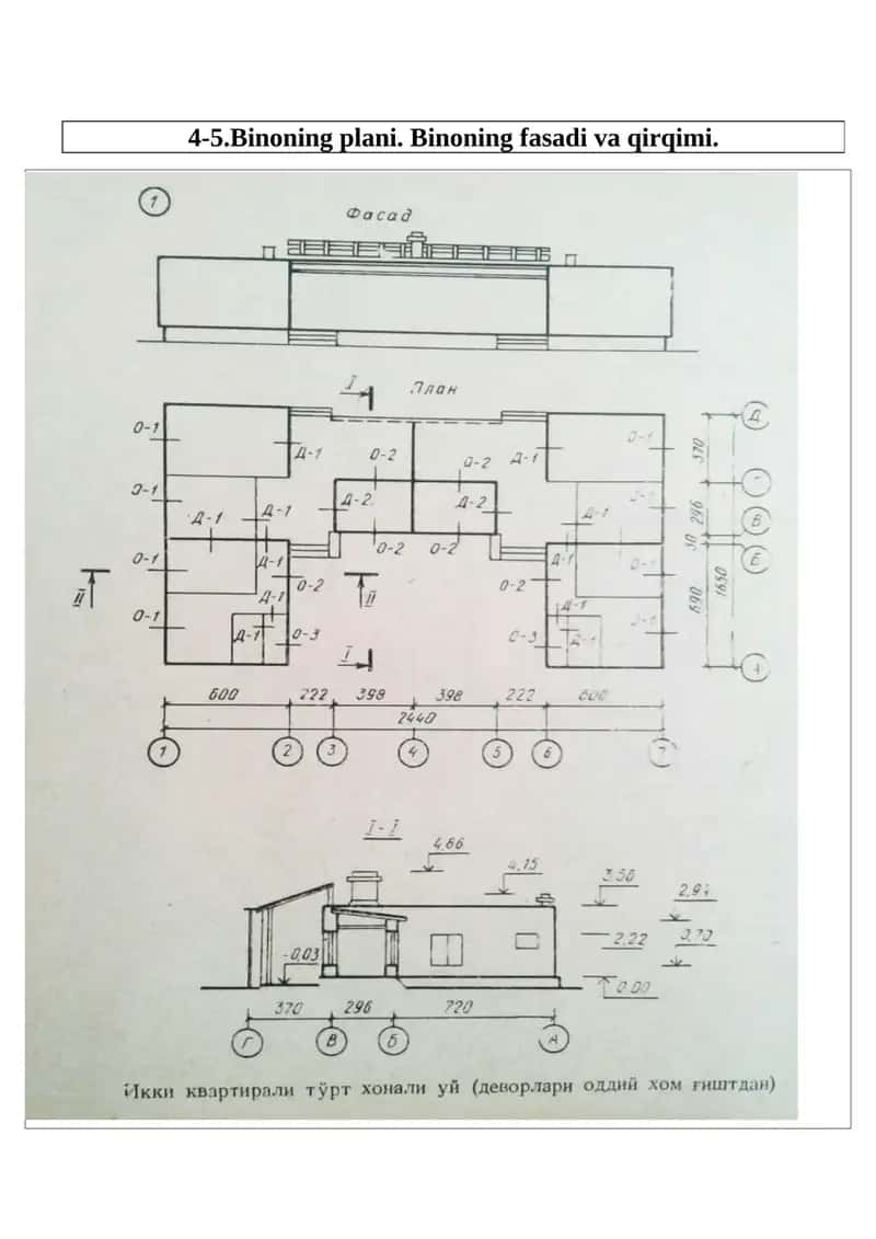 Binoning plani. Binoning fasadi va qirqimi.