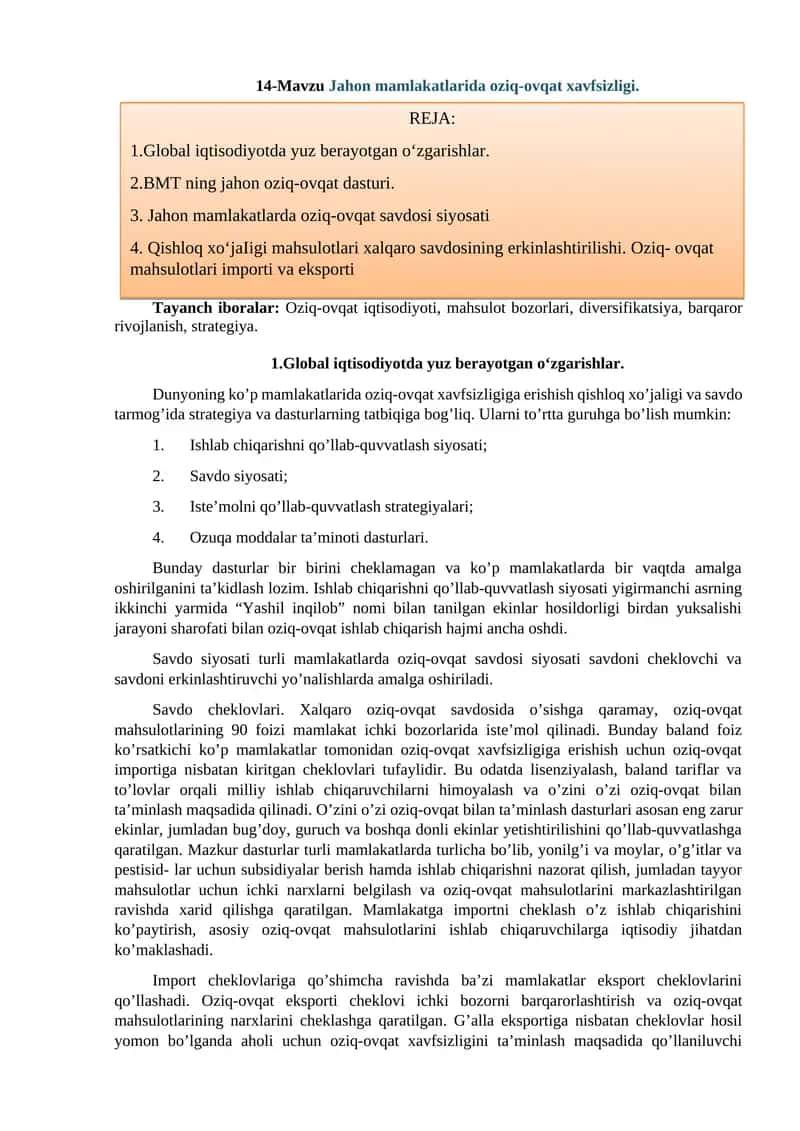 Global iqtisodiyotda oziq-ovqat xavfsizligi