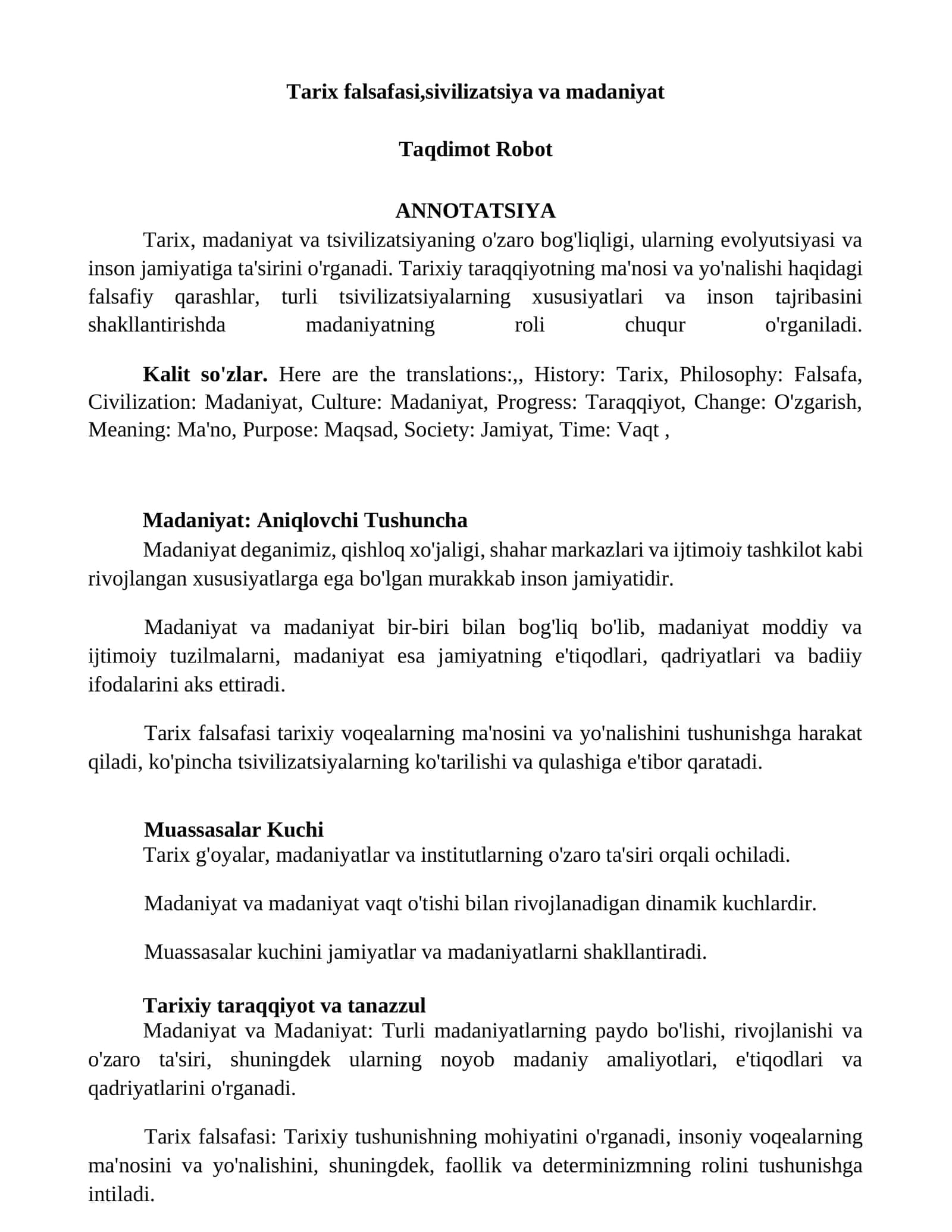 Tarix falsafasi, sivilizatsiya va madaniyat