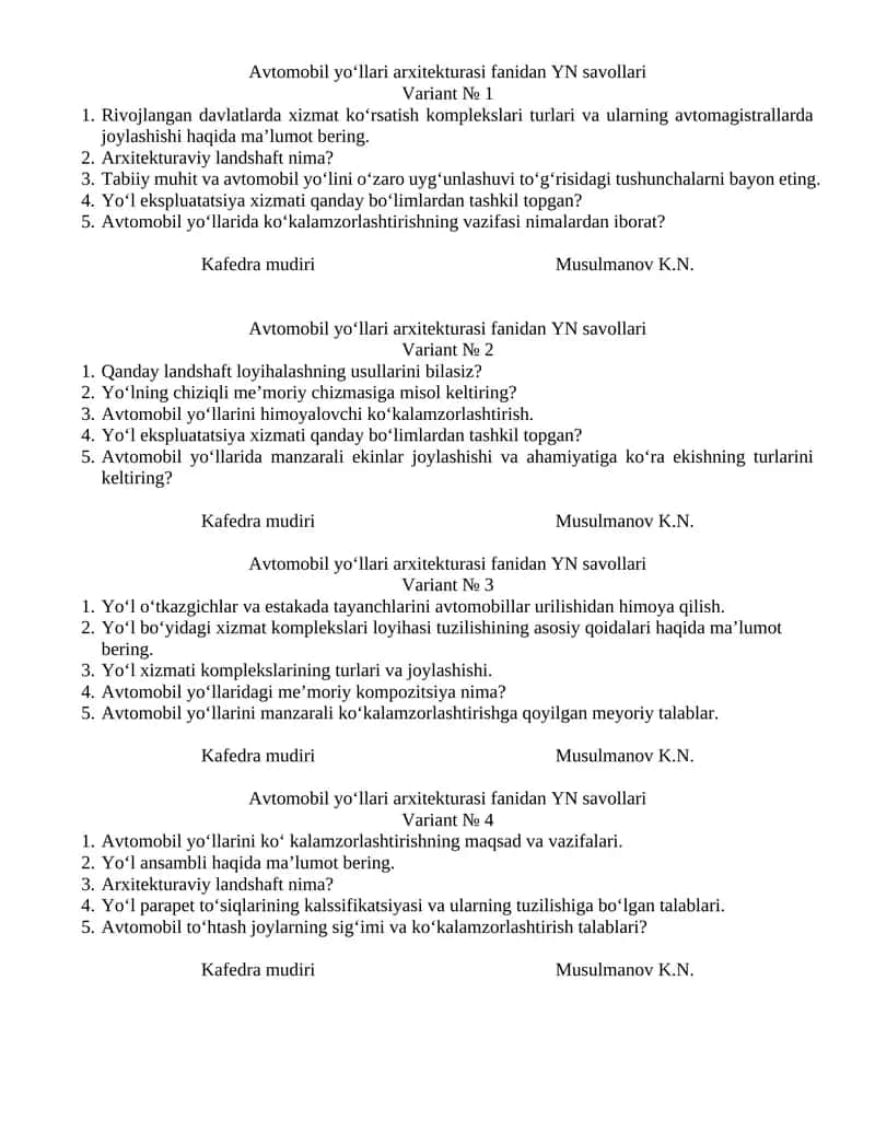 Avtomobil yo‘llari arxitekturasi fanidan YN savollari