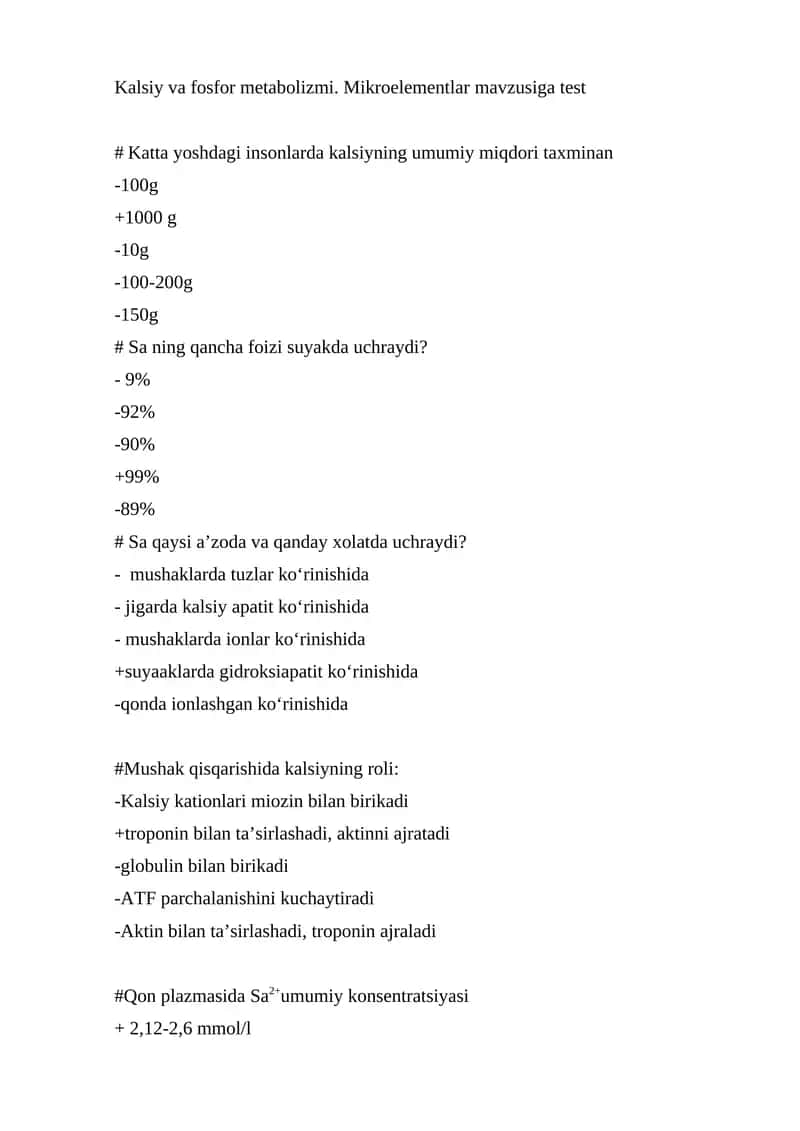 Kalsiy va fosfor metabolizmi. Mikroelementlar mavzusiga test