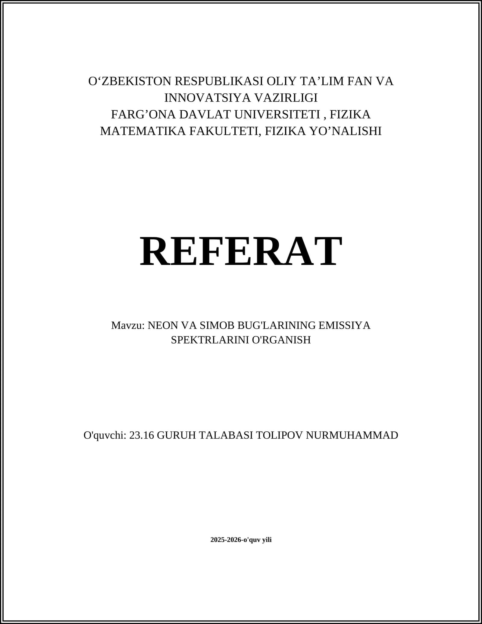 NEON VA SIMOB BUG'LARINING EMISSIYA SPEKTRLARINI O'RGANISH
