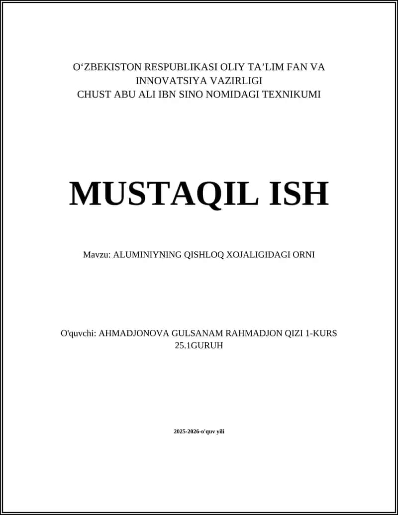 ALUMINIYNING QISHLOQ XOJALIGIDAGI ORNI