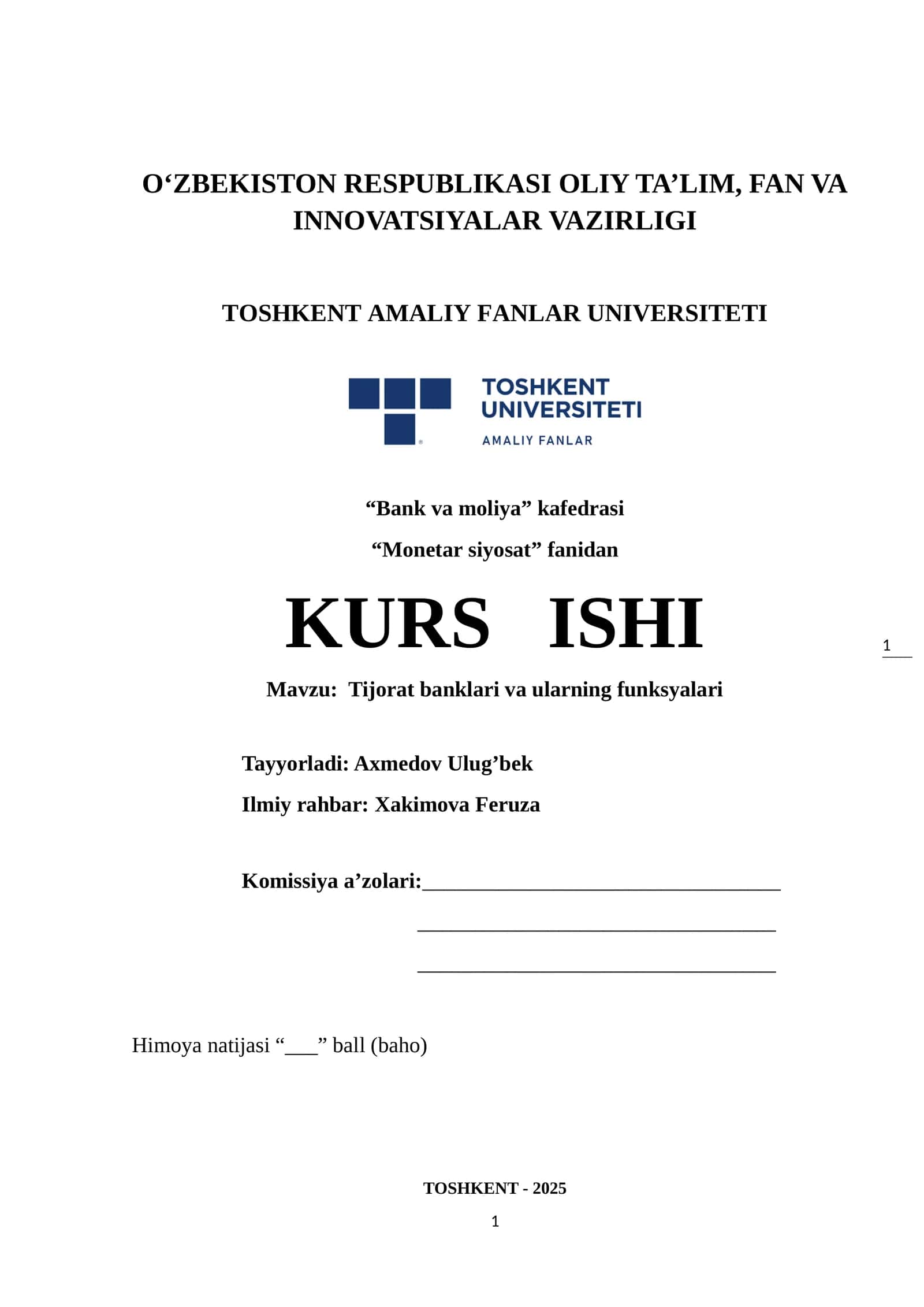 KURS ISHI: Tijorat banklari va ularning funksyalari