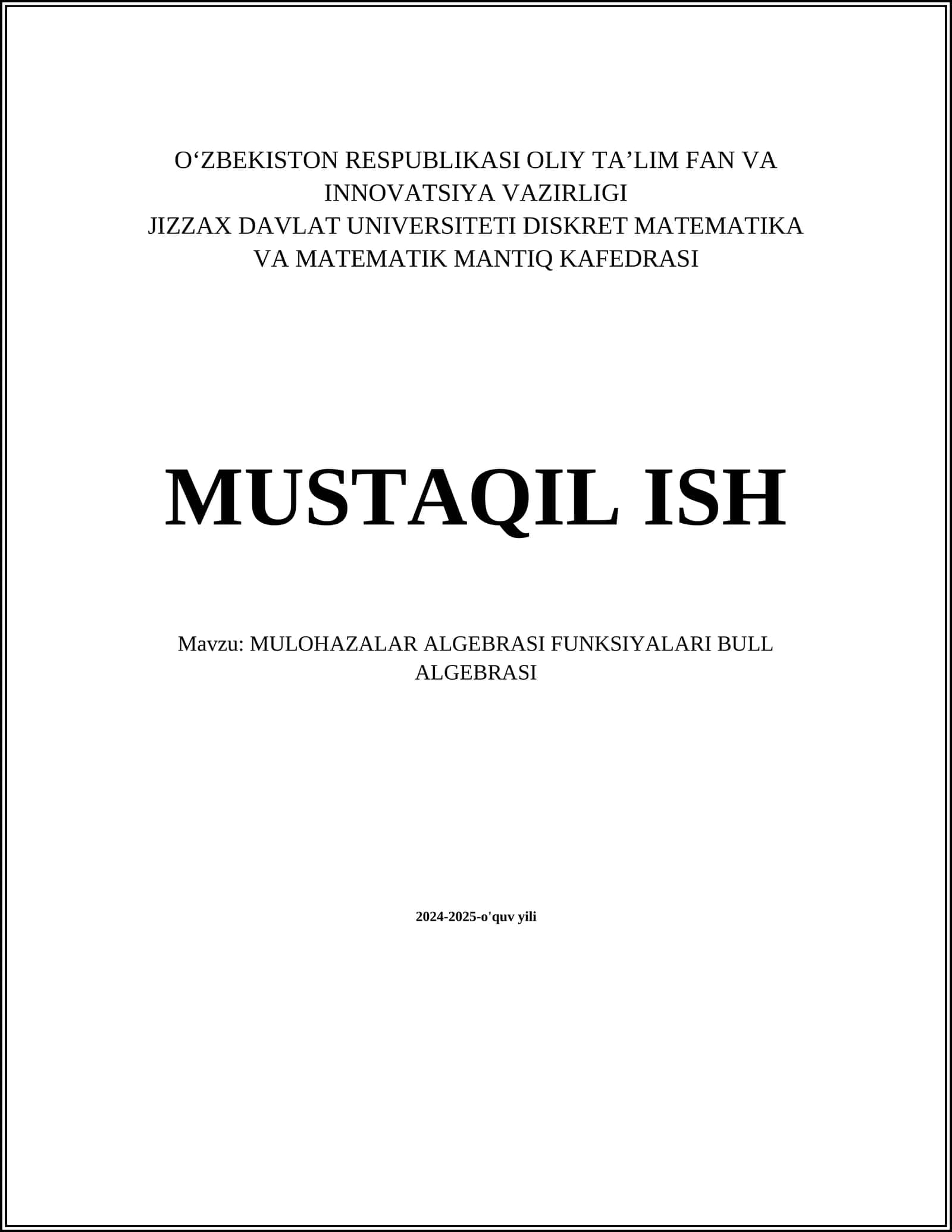 MULOHAZALAR ALGEBRASI FUNKSIYALARI BULL ALGEBRASI