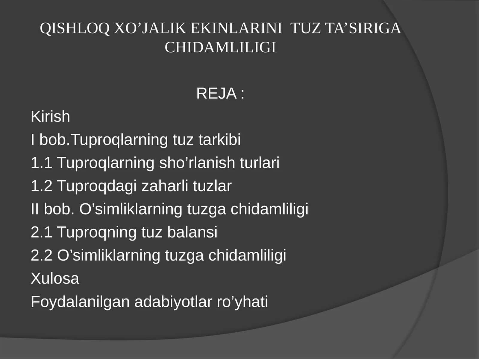 QISHLOQ XO’JALIK EKINLARINI TUZ TA’SIRIGA CHIDAMLILIGI