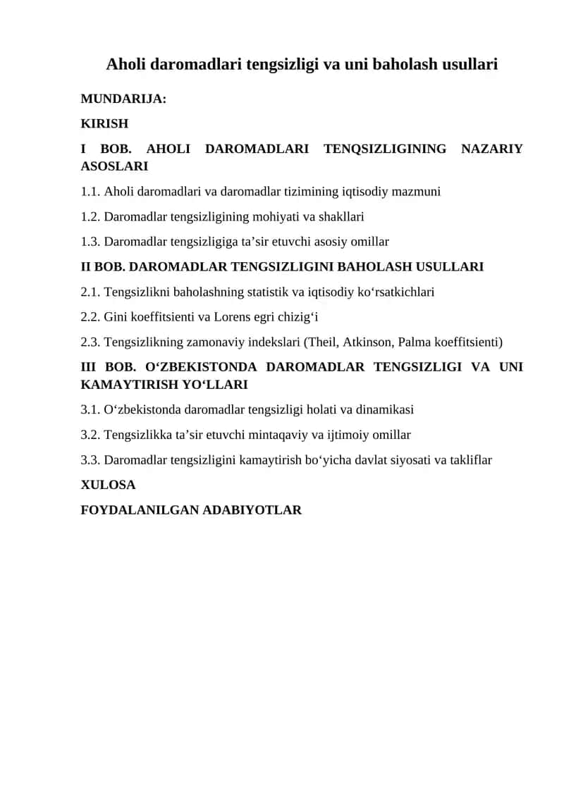 Aholi daromadlari tengsizligi va uni baholash usullari