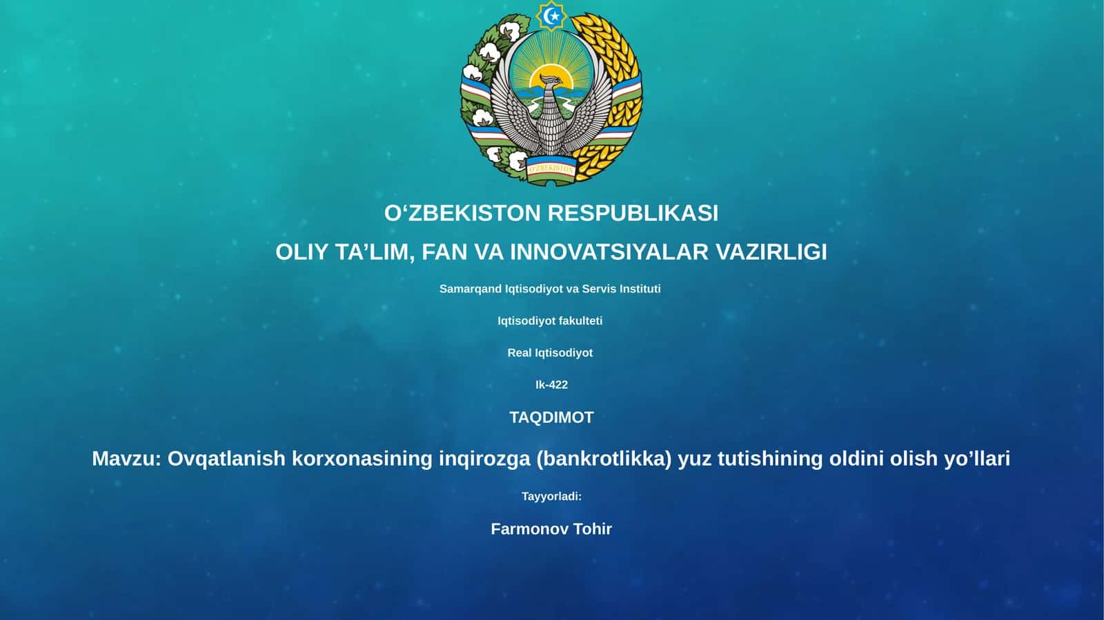 Ovqatlanish korxonasining inqirozga (bankrotlikka) yuz tutishining oldini olish yo’llari